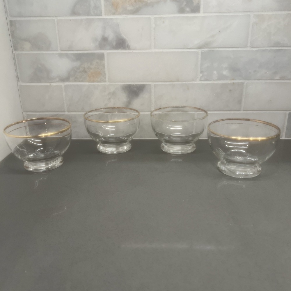 4-Vintage Libby Gold Rimmed Footed Clear Custard Cup or Trinket Dishes Stackable